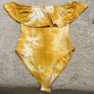 Yellow and white off the shoulder bodysuit